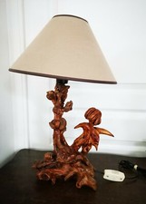 Ancien Vintage Magnifique Lampe De Table Unique Pied En Bois Sculpté Haut. 48 Cm