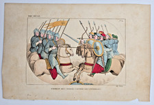 Gravure originale aquarellée XIXe : Combat des Croisés contre les Infidèles