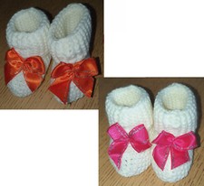 LOT DE 2 PAIRES DE CHAUSSON BOTTON BEBE FILLE BLANC MAILLE NEUF NOEUD NAISSANCE