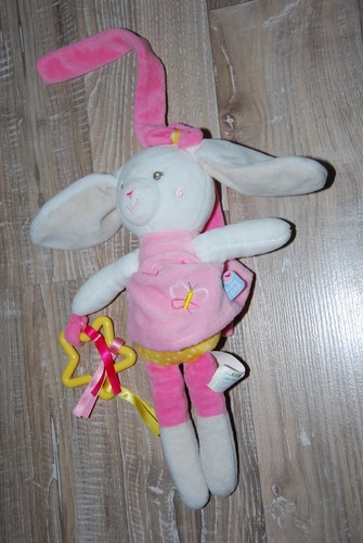 Doudou lapin rose blanc jaune