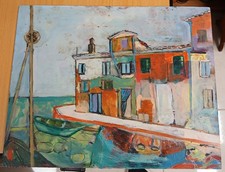 Tableau ancien. Huile sur panneau. Le port de Saint-Tropez.