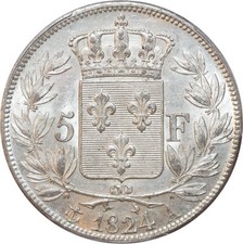 H4702 Rare 5 Francs Louis XVIII 1824 A Paris Argent Silver PCGS AU58-> Offre