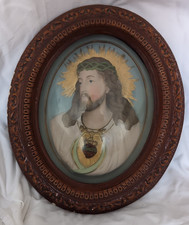 Christ cadre reliquaire ovale Verre Bombé plâtre