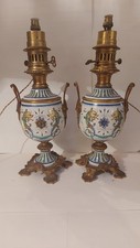 Ancienne Paire De Lampes à Pétrole 19ème En Bronze De Faïence 