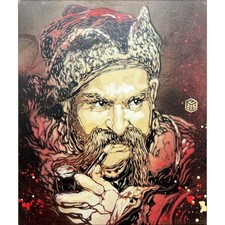 C215 - Peinture originale à l'aérosol sur bois "Cosaque zaporogue" 32x27cm - 202