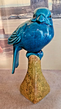 GEORGES CASSIN SCULPTURE OISEAU EN CERAMIQUE EMAIL CRAQUELE BLEU SIGNE A L'ENCRE
