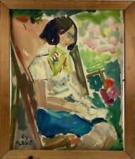 Ölbild 1964 Expressif Eugenij Klenø Femme Dans Chaise Longue Jardin 69 x 52cm