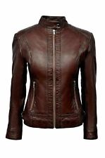 Blouson moto moto vintage en cuir d'agneau véritable marron foncé pour femme