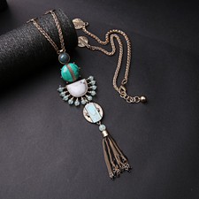 Collier Long Sautoir Doré Pompon Tassel Turquoise Art Deco Ethnique Retro XL1