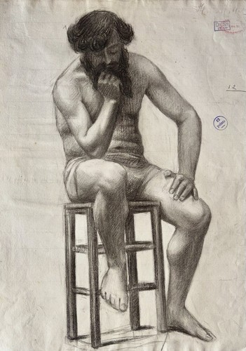 Dessin ancien fusain étude - dessin,