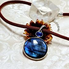 Collier Créateur Pendentif Labradorite Argent 925 Cordon Soie Et Argent 925
