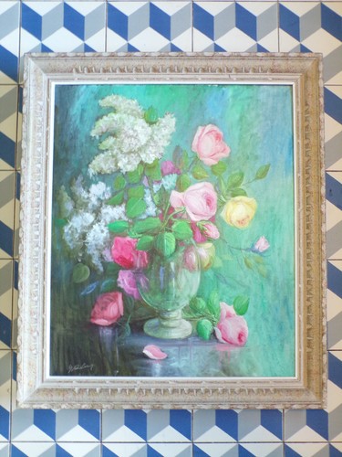 HUILE-TABLEAU-SIGNé-BOUQUET