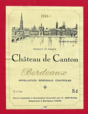 94 39 Etiquette BORDEAUX Château de CANTON 1986 mis Ste Eulalie par B. BERTRAND