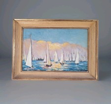 Peinture Ancienne Huile Paysage Marin Voilier, Bateau régate Encadré Signé