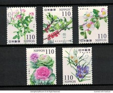 JAPON 2024 FLEURS COLORÉES SÉRIE 3 110 YEN COMP. LOT DE 5 TIMBRES D'OCCASION