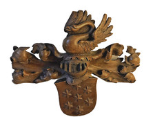 Ancien bois sculpté fronton miroir ? blason cygne heaume casque armoirie N 18