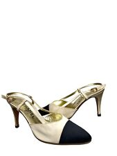 Chanel Ivory  Black Slingback Pumps Heels Shoes  Size 39 1/2 US 9,5