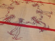 Nappe D'Art Populaire Antique Alsace France Enfants 60" Rouge Brodé Fête