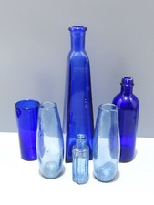 -6 PIECES VERRE BLEU ANCIENNES BOUTEILLE CARAFE VASES PETIT FLACON COLLECTION  D