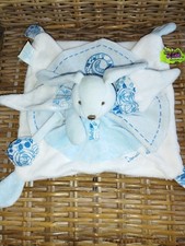 Doudou Plat Lapin Tatoo Blanc Et Bleu Fleurs DOUDOU ET COMPAGNIE