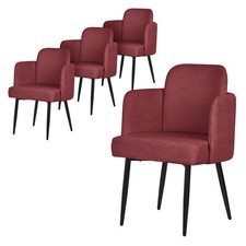 4x Chaises de salle à manger tissu rouge avec accoudoirs et dossier aspect rotin
