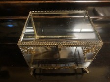 Boite à bijoux coffret de mariage bronze et verre biseauté 19e