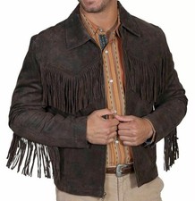 Veste en cuir daim marron cowboy de style western pour hommes avec franges...