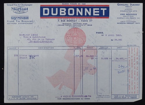 Facture paris 1952 - 1952, dubonnet