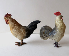 Celluloid Ancien Coq et Poule 6Cm Pieds Plombs La Ferme Rooster Hen 1900