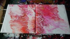Toiles Duo tableau peinture abstraite pouring 20x20 liquitex signé "Framboises" 