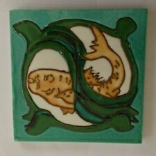 Carreau Faïence Poisson Jaune sur fond Vert -15x15 cm- Emaux de Longwy - Superbe