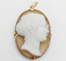 Pendentif XXL vintage or 18k camée buste jeune femme sur pierre dure