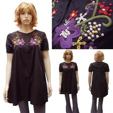 TUNIQUE coton NOIR plastron brodé fleurs Taille 36 38