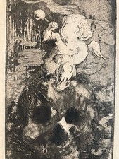 Belle Gravure  Ange Souffleur Verre Tête  De Mort Crane Squelette Putti 1950 Art