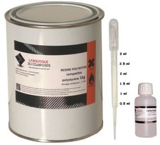 RESINE POLYESTER COMPATIBLE AVEC LE POLYSTYRENE. 1kg avec catalyseur & pipette.