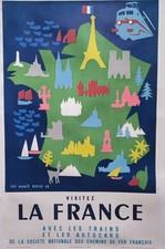 affiche ancienne originale Tourisme Chemin De Fer SNCF  France Entoilée 1954