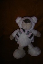 Doudou Peluche KSD Ours Blanc Crème Echarpe Velours Rayée Gris Rose 30 cm