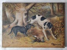 Tableau années 40 par Van Der Donck  "Chiens en chasse"  Huile 25cm x 35cm.