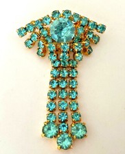 Superbe BROCHE vintage NEUVE doré & turquoise strass style art déco 5,8cm !