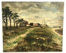 TABLEAU / HUILE SUR PANNEAU SIGNÉE  ( RENTRÉE DE VILLAGE ) 60,5 cm x 50 cm 