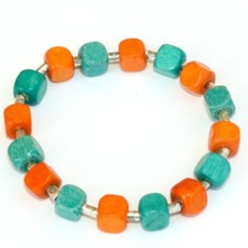 Bracelet élastique en bois orange & turquoise avec métal argenté - adulte