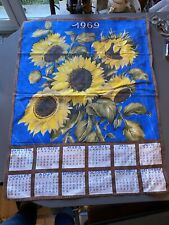 Torchon Calendrier 1969 Thème tournesols fleur floral bleu Vintage