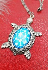 collier FEMME pendentif TORTUE Stylé Washi Art Japon Décor Rosace BLEU -Argenté