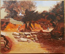 tableau signé Barrau: promeneur sur le chemin creux