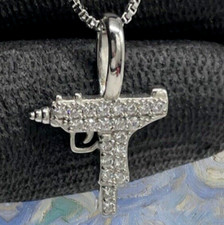 Collier Homme Femme Pendentif MITRAILLETTE UZI MITRAILLEUSE MILITAIRE BRILLANTÉE