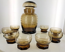 Service En Verre Soufflé Art Déco  Ancien carafe + bouchon + 8 verres FUMÉ