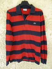 Polo LACOSTE Devanlay rouge marine à rayures coton jersey manches longues 2 S