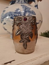 Vase Verre Ancien Époque 1900, Monture En Etain