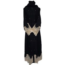 Robe Abaya Burka Jala Longue Noire À Boutons En Stud Ouverte Devant Pour Femmes