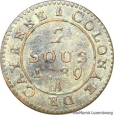 R9843 Rare French Guiana 2 Sous Louis XVI Colonie Cayenne 1789 A Paris UNC